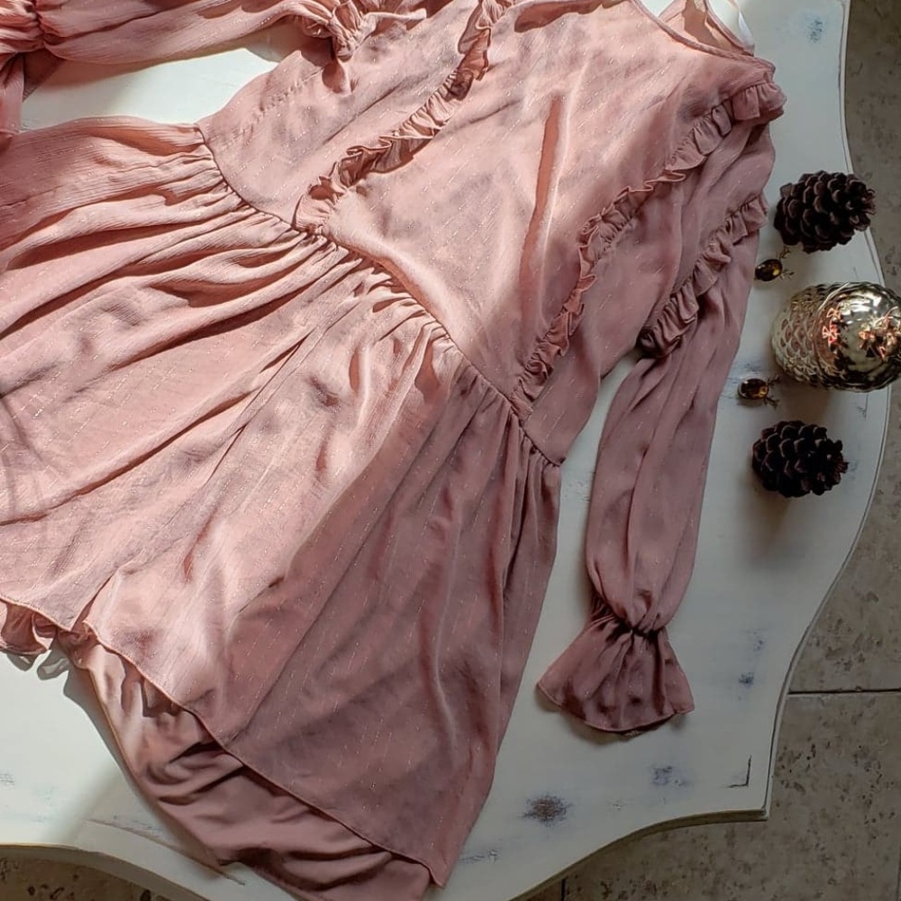 Zara pink with gold long sleeve ruffle dress